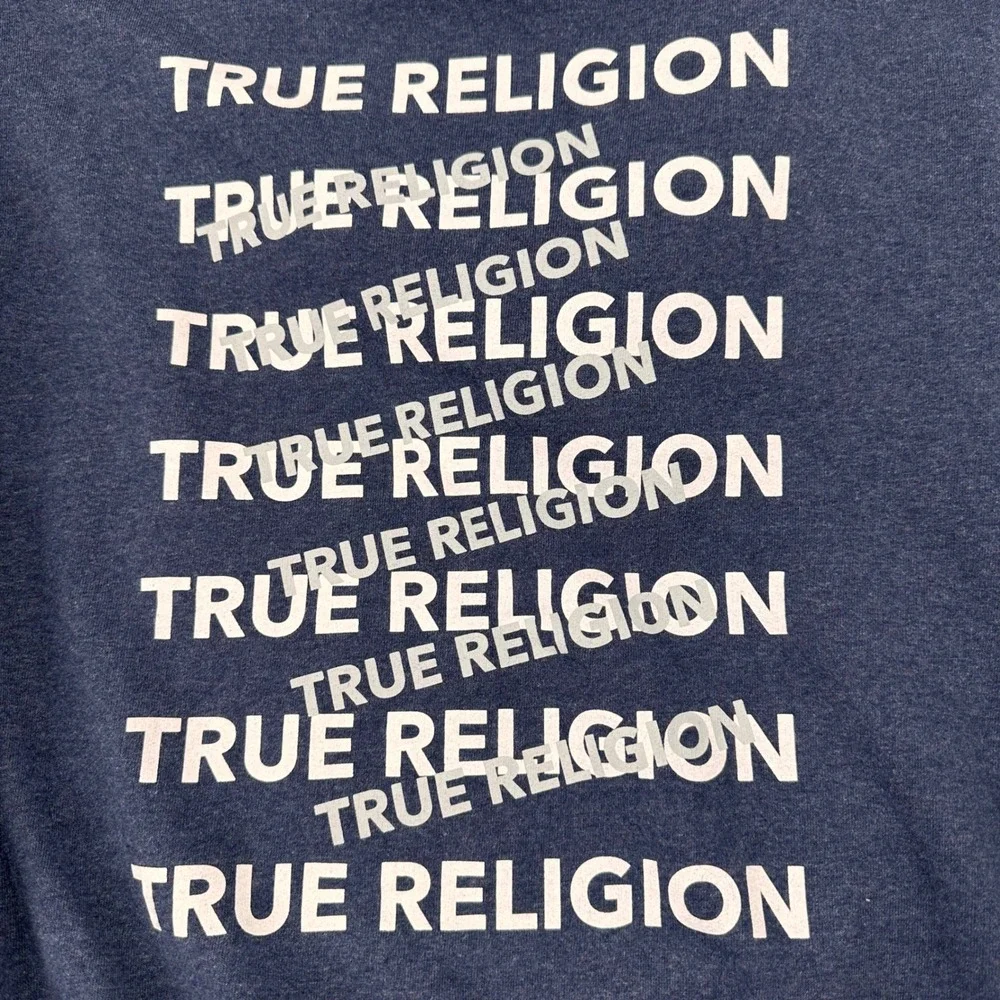True Religion Hoodie Mens Medium Logo Graphic Navy Blue Modern Casual